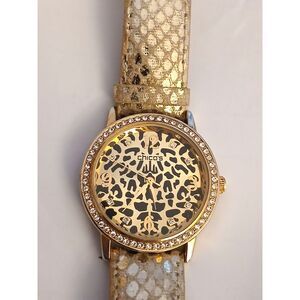 Chico’s Gold Tone Leopard Dial Rhinestone Bezel Watch 8” Needs Battery